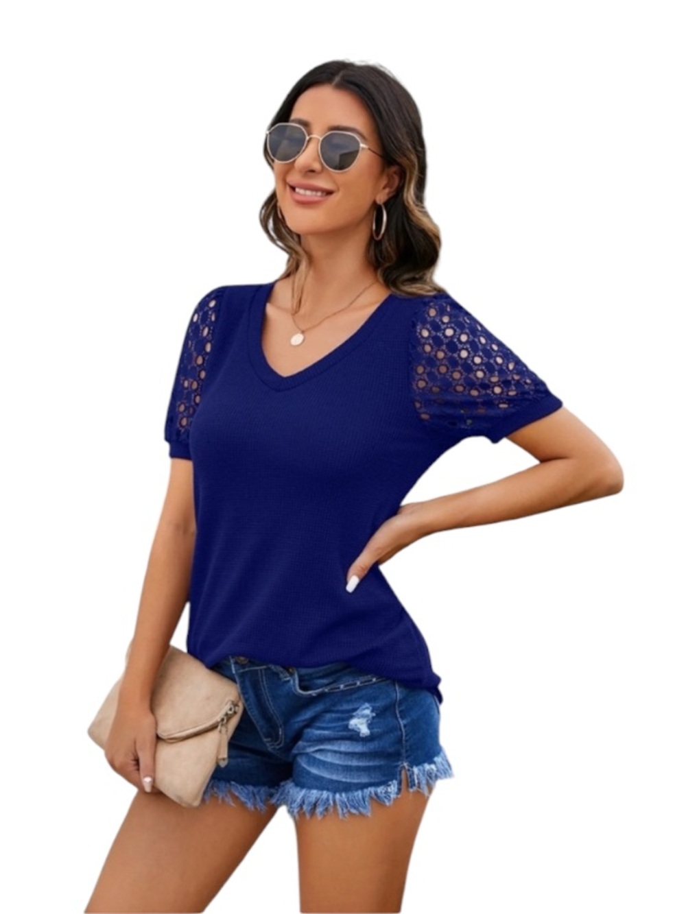 Elegant Navy Waffle Knit Blue Short Sleeve Top Size 1X